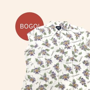 Gitano Vintage Top 90s Floral Button Down Shirt White Purple Green Large